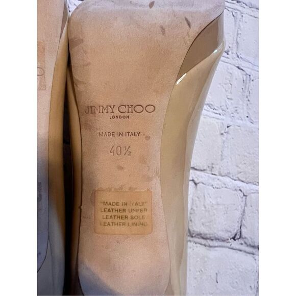 Jimmy Choo Sz 40.5 Open Toe Pump Heels Tan Patent Leather Classic Iconic Formal - Picture 14 of 16
